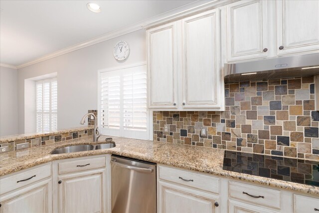 kitchen featuring a sink, crown molding, light stone counters, backsplash, and dishwasher