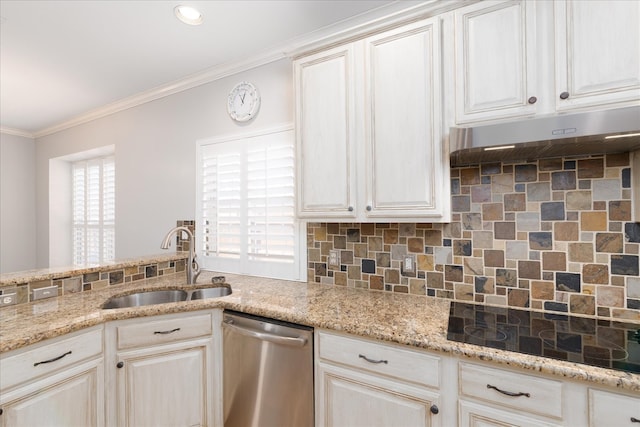 kitchen with light stone counters, a sink, stainless steel dishwasher, backsplash, and crown molding