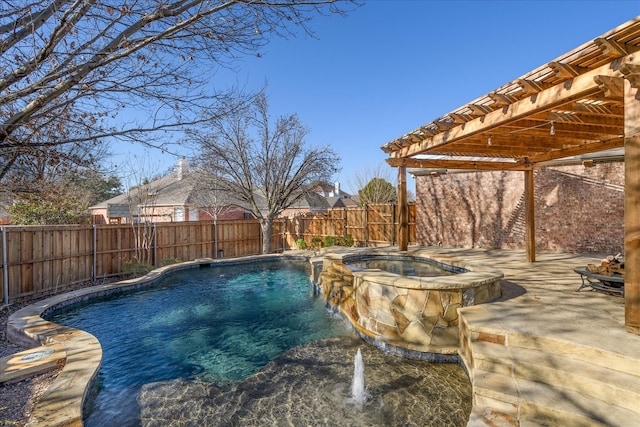 view of pool featuring a patio, a fenced backyard, a pool with connected hot tub, and a pergola