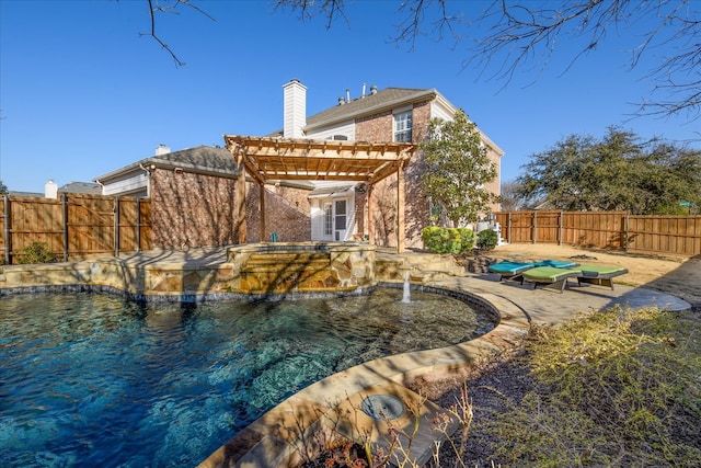 back of house featuring a chimney, a fenced backyard, a fenced in pool, and a pergola