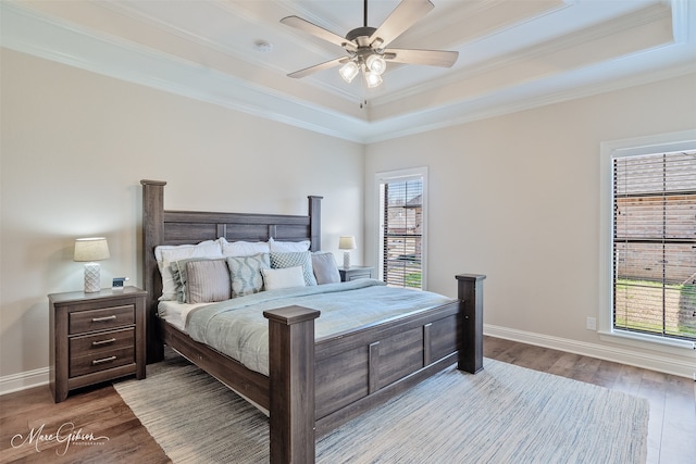 bedroom with a tray ceiling, baseboards, and light wood finished floors