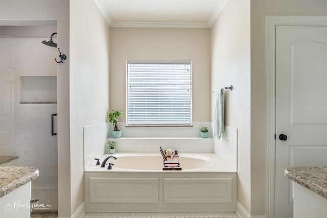 bathroom featuring a stall shower, crown molding, vanity, and a bath