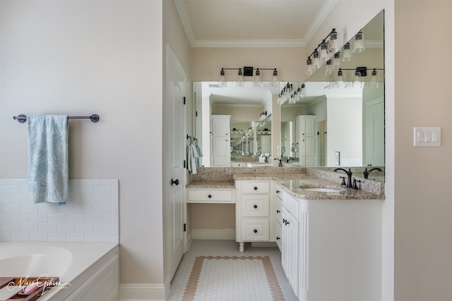 full bath with a garden tub, vanity, and crown molding