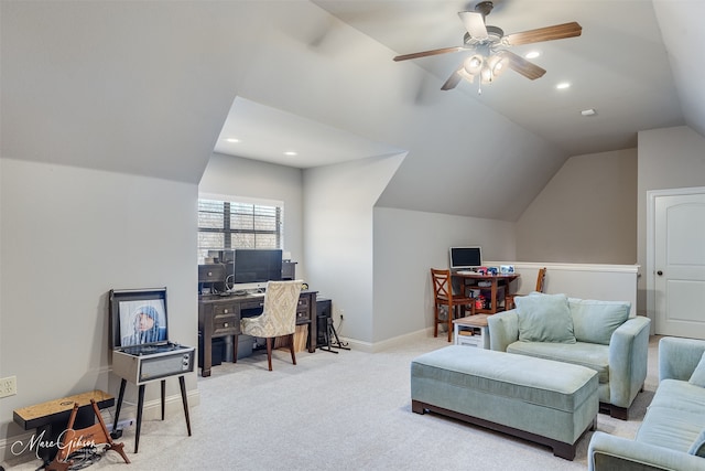 office space featuring ceiling fan, recessed lighting, light colored carpet, baseboards, and vaulted ceiling