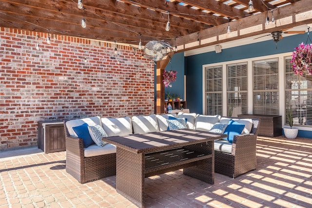 view of patio / terrace with an outdoor hangout area and a pergola