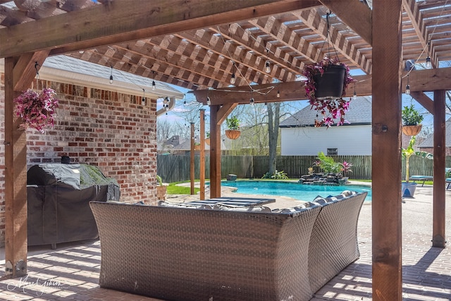 view of patio with a grill, a fenced backyard, a fenced in pool, and a pergola