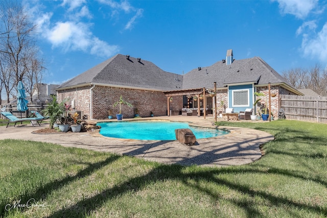 view of swimming pool with a lawn, a patio area, fence, a pergola, and an outdoor living space