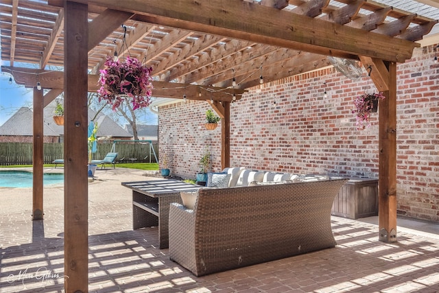 view of patio / terrace with an outdoor hangout area, fence, a fenced in pool, and a pergola