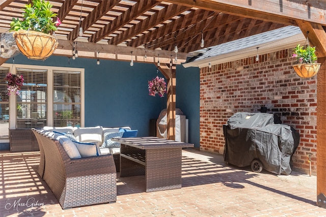 view of patio featuring outdoor lounge area and a pergola