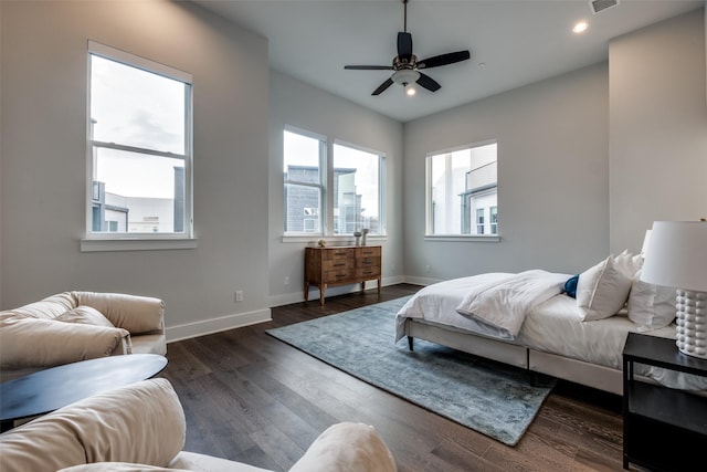 bedroom with dark wood finished floors, recessed lighting, visible vents, ceiling fan, and baseboards