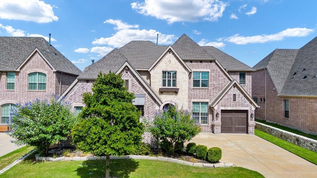 french provincial home featuring brick siding, a shingled roof, concrete driveway, stone siding, and a front lawn