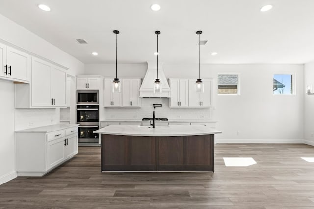 kitchen featuring tasteful backsplash, visible vents, stainless steel appliances, premium range hood, and white cabinetry