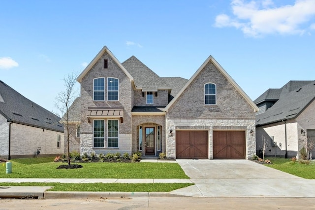 view of front of property featuring an attached garage, brick siding, a shingled roof, driveway, and a front lawn