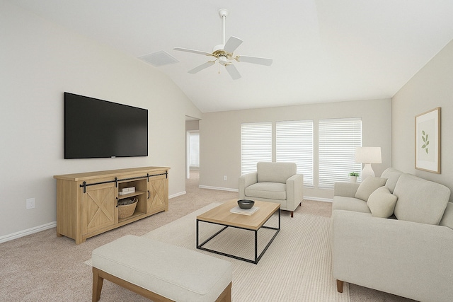 2620 Dunbar Dr, Mckinney, TX 75072 - living room featuring a ceiling fan, visible vents, baseboards, light colored carpet, and lofted ceiling