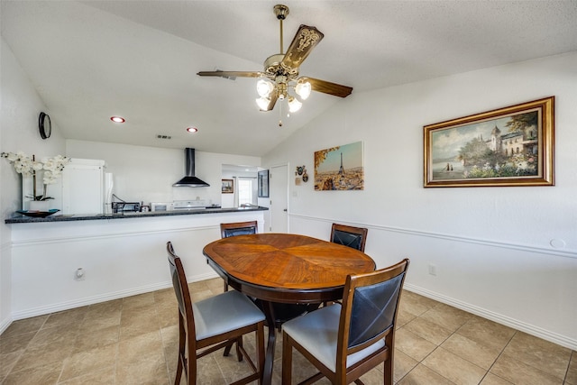 dining room featuring recessed lighting, visible vents, vaulted ceiling, ceiling fan, and baseboards