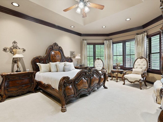 carpeted bedroom with ornamental molding, recessed lighting, baseboards, and a ceiling fan