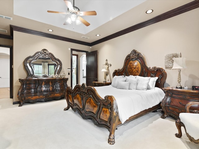 carpeted bedroom with recessed lighting, visible vents, and crown molding