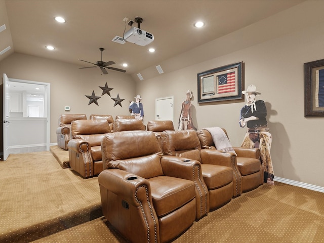 cinema featuring carpet floors, lofted ceiling, baseboards, and recessed lighting