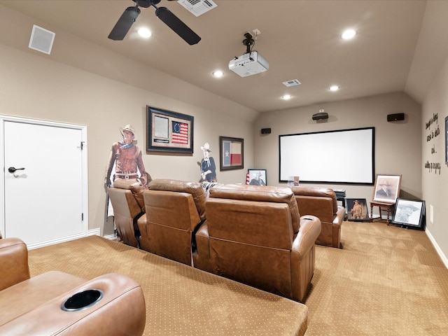 cinema with recessed lighting, visible vents, vaulted ceiling, and light carpet