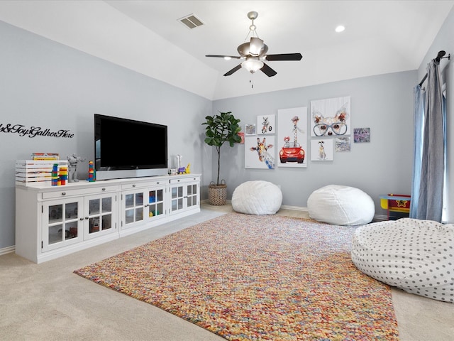 game room featuring lofted ceiling, visible vents, carpet flooring, ceiling fan, and baseboards