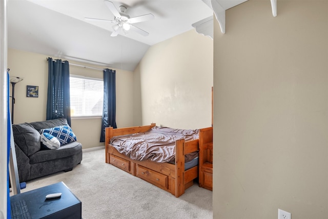 bedroom featuring lofted ceiling, light colored carpet, ceiling fan, and baseboards