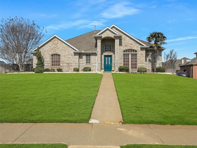 french country inspired facade featuring brick siding, a front lawn, and a shingled roof