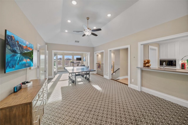 game room featuring recessed lighting, visible vents, carpet flooring, vaulted ceiling, and baseboards