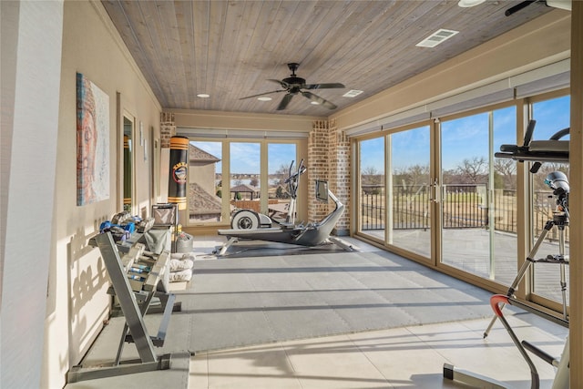 exercise room featuring wooden ceiling, ceiling fan, and visible vents