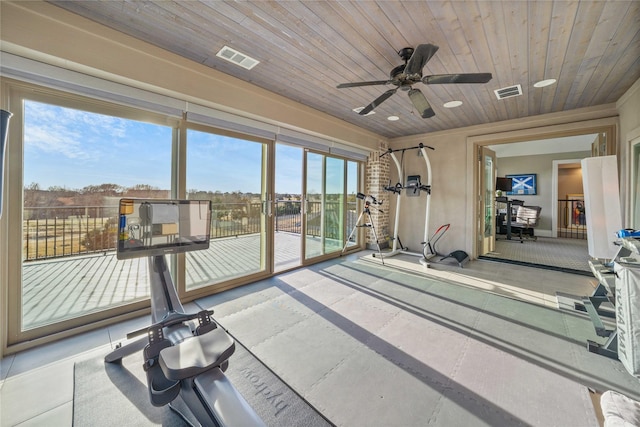 exercise area featuring wood ceiling and visible vents