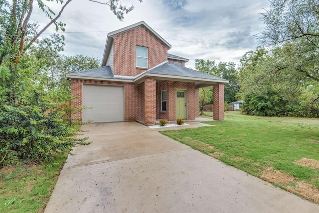 view of front of property with an attached garage, a front lawn, concrete driveway, and brick siding