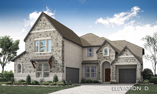 french provincial home with a garage, brick siding, a shingled roof, driveway, and stone siding