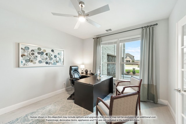 office space with ceiling fan, light wood-style flooring, visible vents, and baseboards