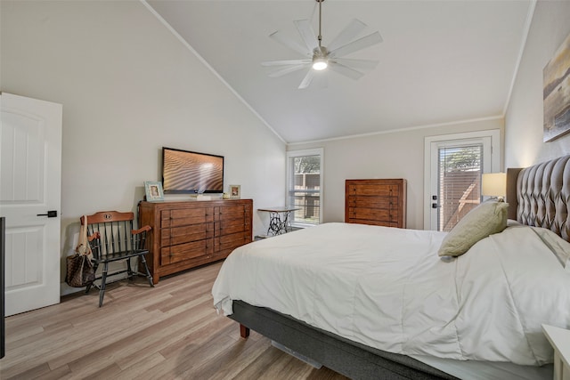 bedroom with high vaulted ceiling, light wood finished floors, ornamental molding, and a ceiling fan