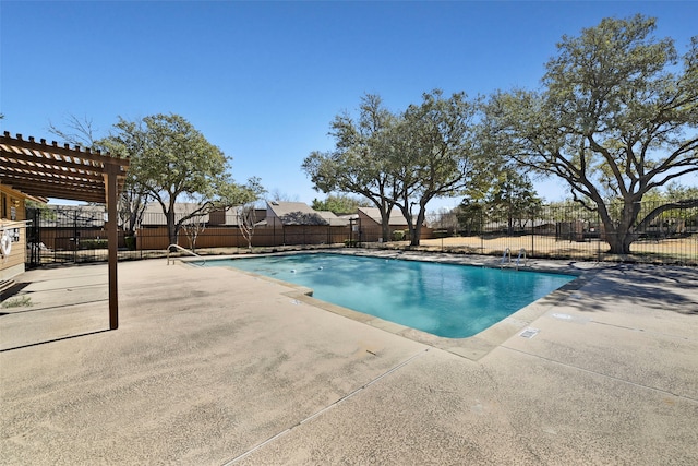 community pool with a patio area, fence, and a pergola