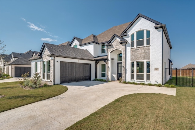 french country style house with a front lawn, stone siding, brick siding, and an attached garage