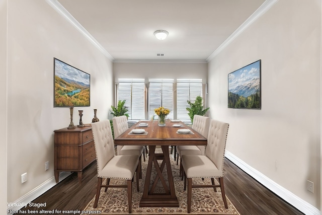 dining space with baseboards, visible vents, ornamental molding, and dark wood-type flooring