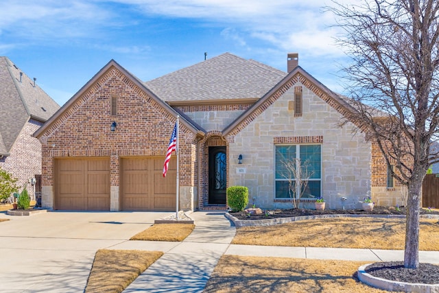 french country style house featuring a garage, a shingled roof, brick siding, driveway, and a chimney