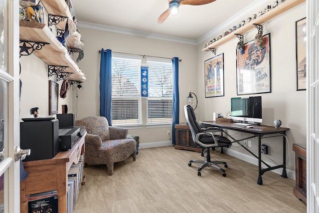 office area with ornamental molding, ceiling fan, and baseboards