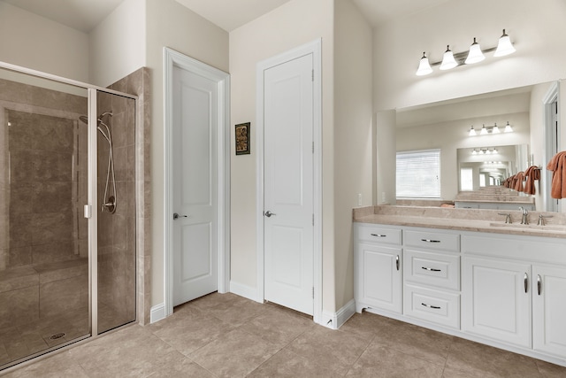 full bathroom with a shower stall, vanity, and baseboards