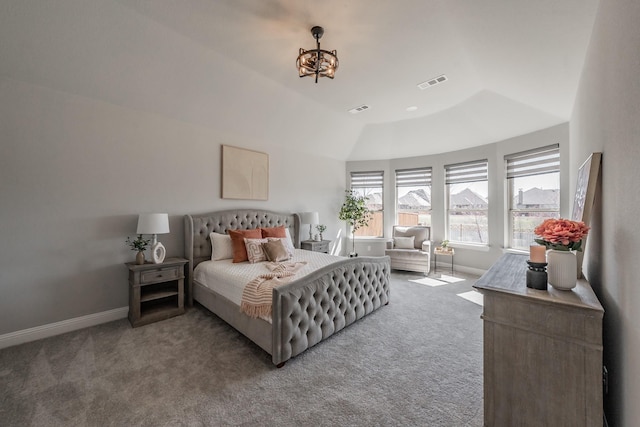 bedroom with baseboards, visible vents, and carpet flooring