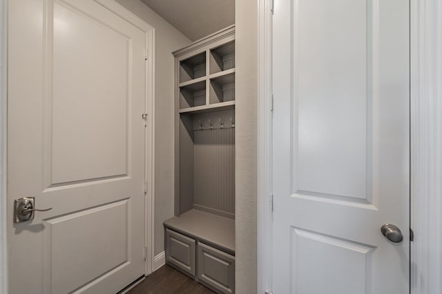 mudroom featuring dark wood-type flooring