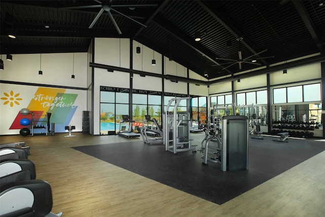 gym with high vaulted ceiling