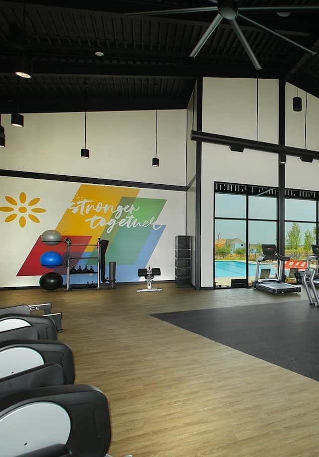 gym featuring a high ceiling and wood finished floors