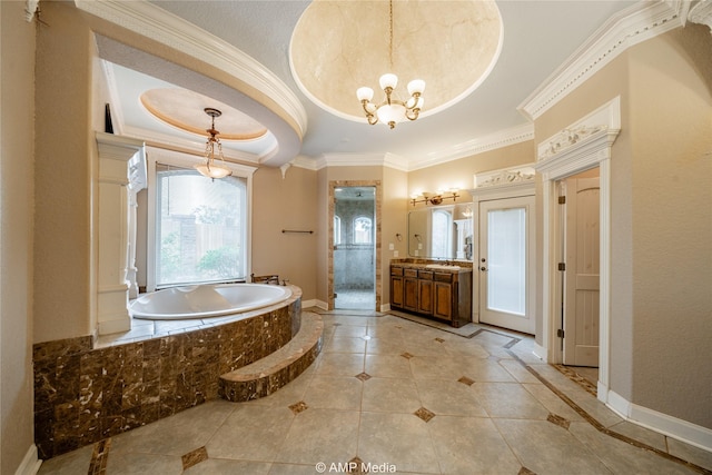 full bathroom featuring a tray ceiling, a bath, and crown molding