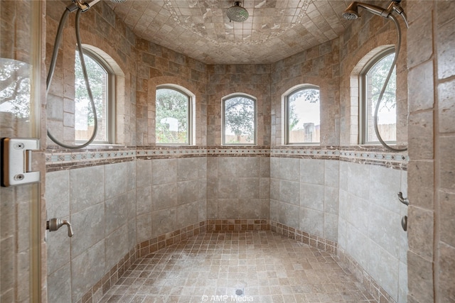 full bath with a healthy amount of sunlight and a tile shower