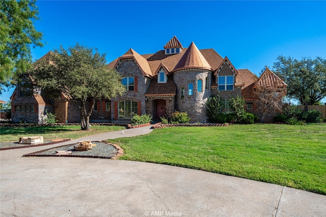 view of front facade with stone siding and a front lawn