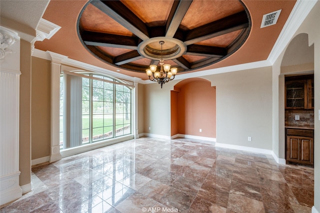 unfurnished room featuring baseboards, coffered ceiling, visible vents, and a notable chandelier