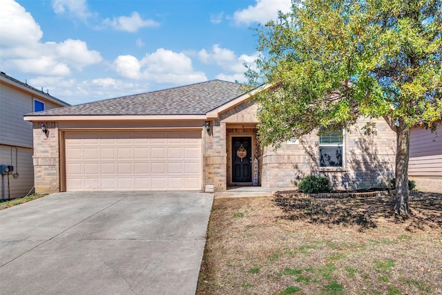 single story home with an attached garage, brick siding, driveway, and a shingled roof