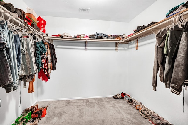 spacious closet featuring visible vents and carpet floors