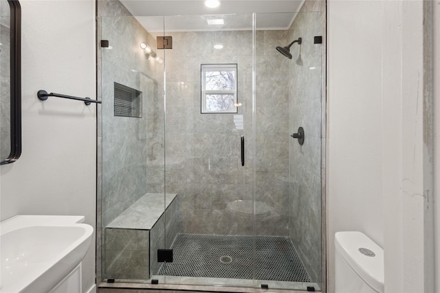 bathroom featuring a sink, a shower stall, and toilet